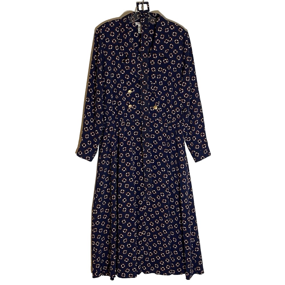 Vintage Talbots Dress Womens 14 Blue Nautical Life Raft Gold Buttons Belt Collar